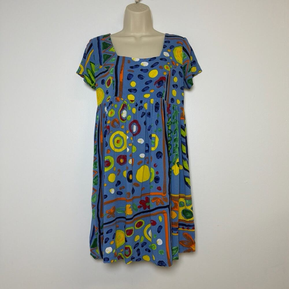 Jams World Vintage 90s Rayon Babydoll Empire Waist Mini Dress Blue Size Small